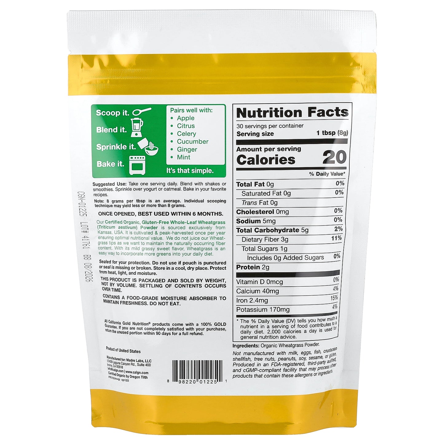 California Gold Nutrition, Superfoods, Organic Wheat Grass Powder, 8.5 oz  (240 g)