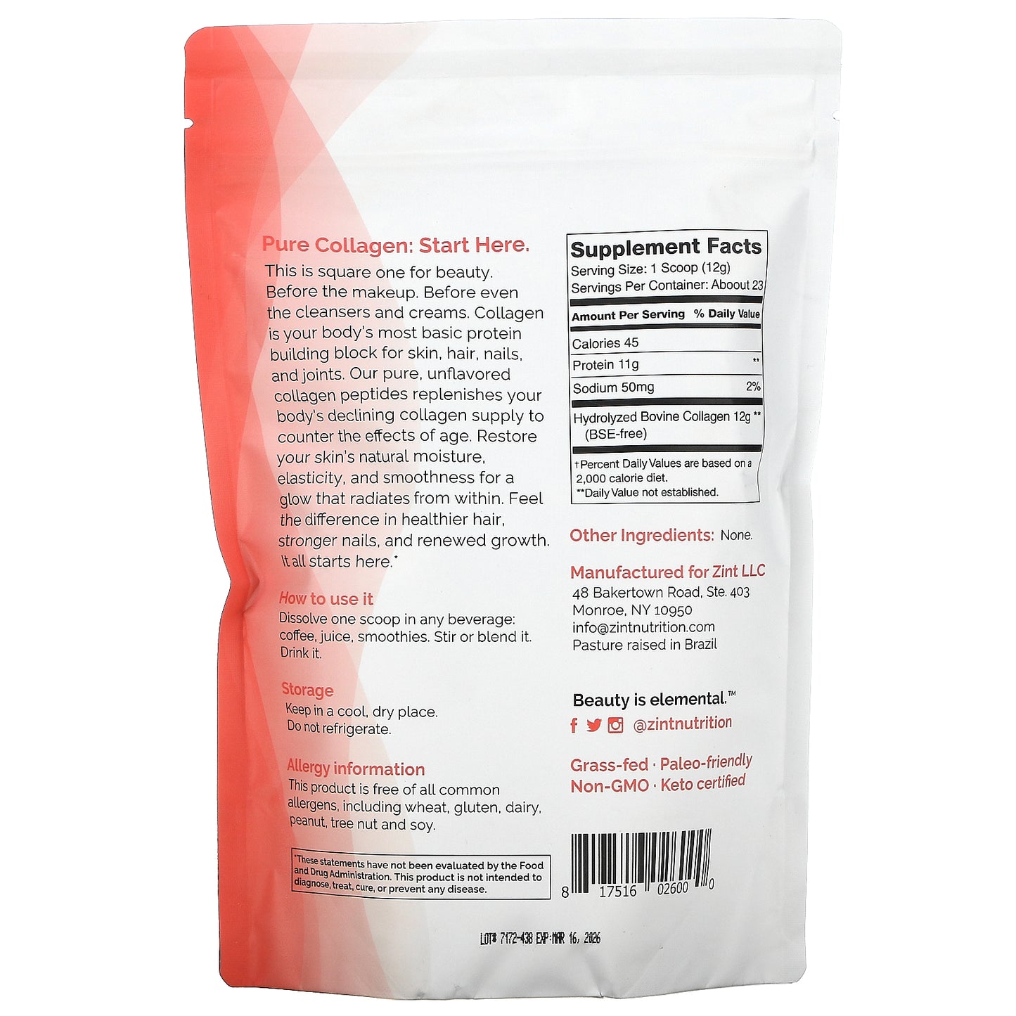 Zint, Pure Grass-Fed Collagen Peptides, 10 oz (283 g)