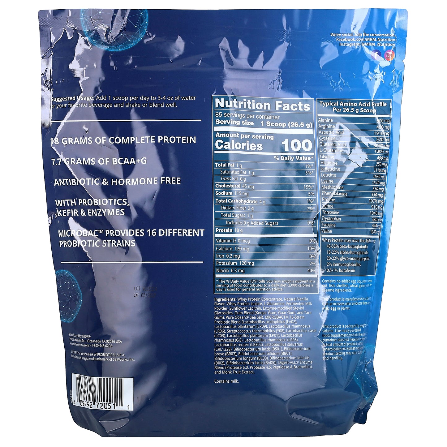 MRM Nutrition, Whey Protein with Probiotics & Postbiotics, Vanilla, 5 lb (2,270 g)