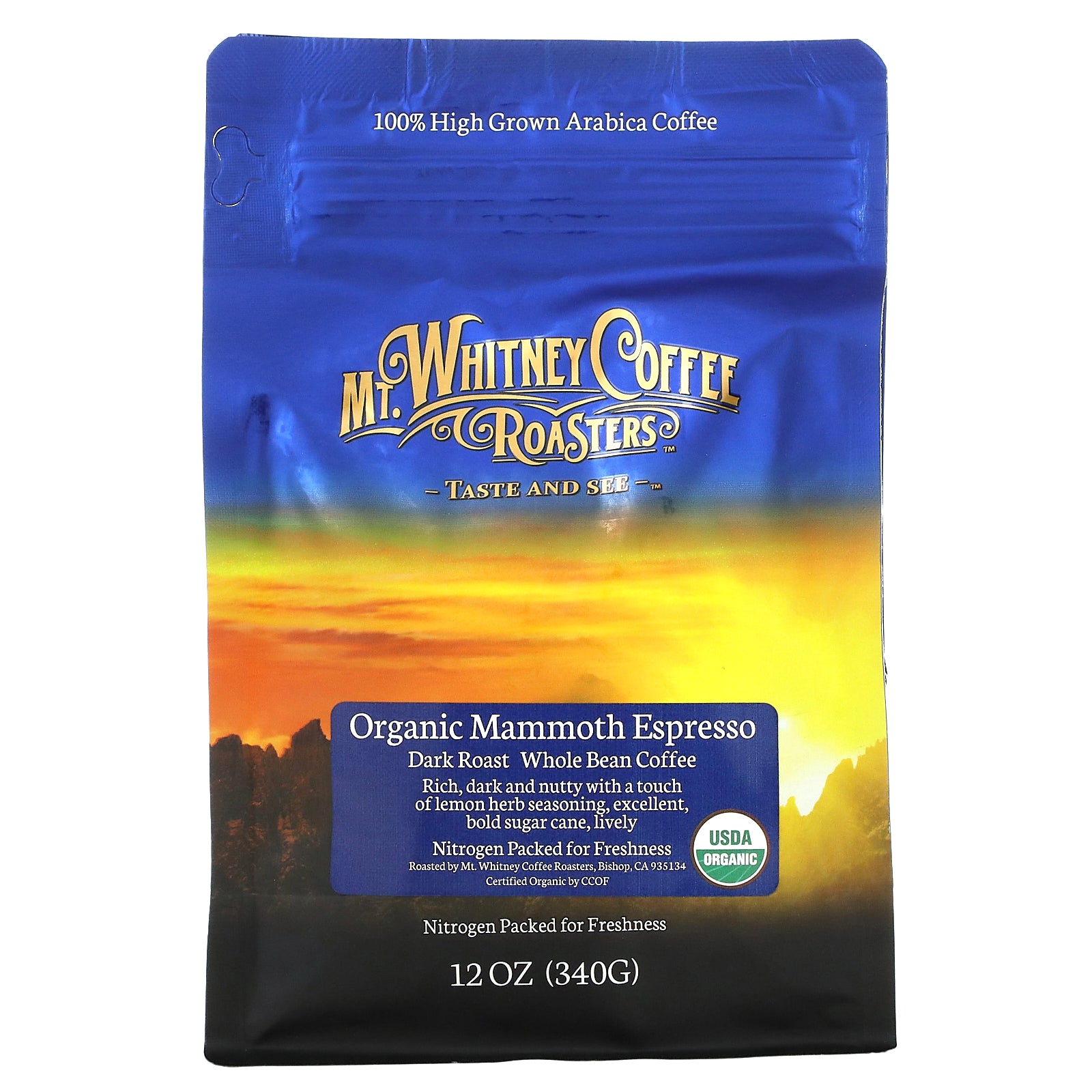 Mt. Whitney Coffee Roasters, Organic Mammoth Espresso, Whole Bean Coffee, Dark Roast, 12 oz (340 g)