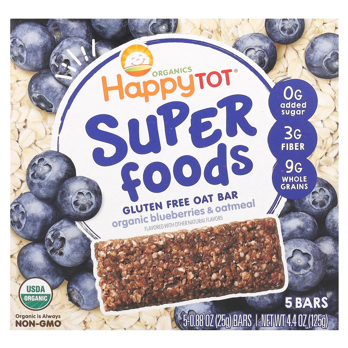 Happy Family Organics, Happy Tot, Superfoods, Gluten Free Oat Bar, Organic Blueberries & Oatmeal, 5 Bars, 0.88 oz (25 g) Each