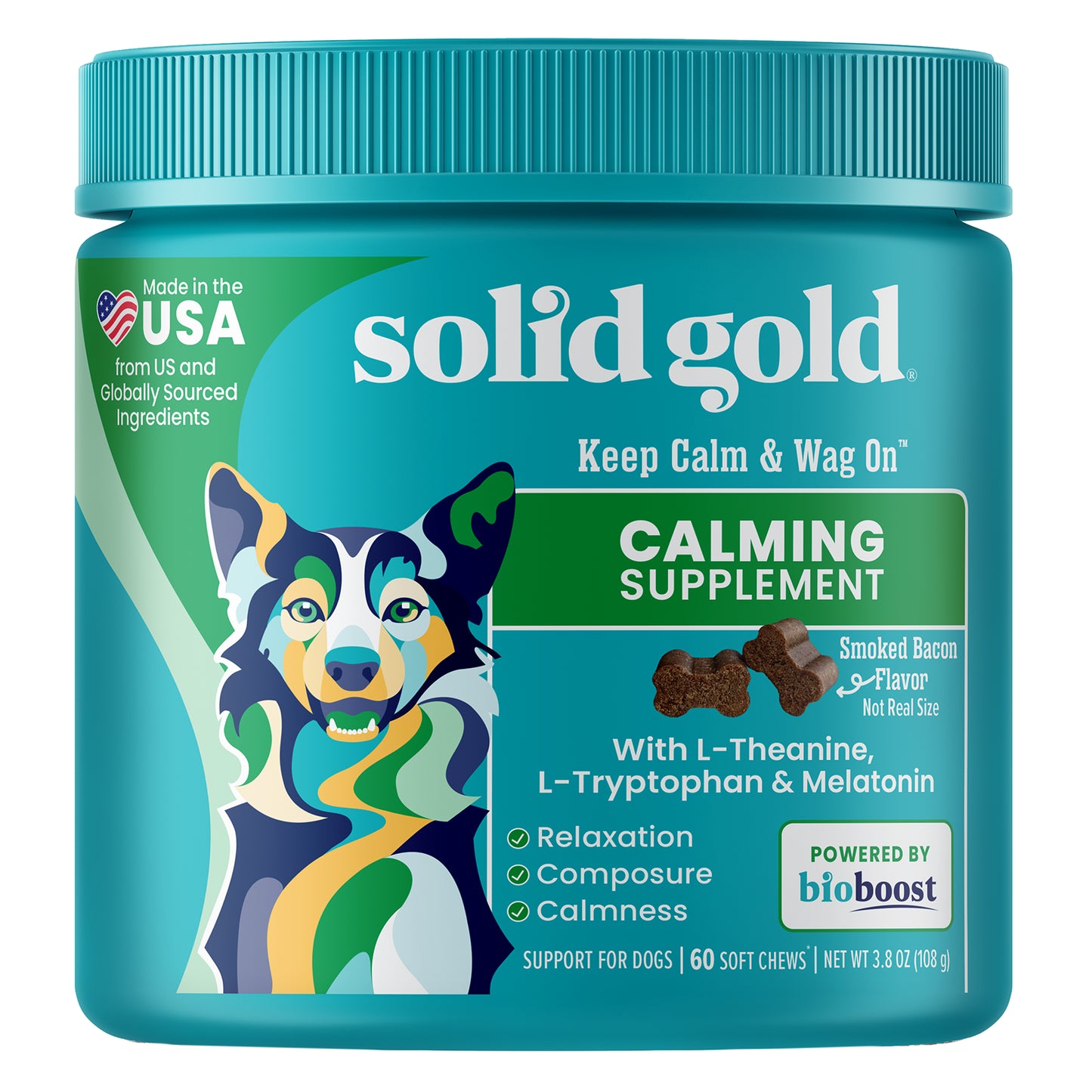 Solid Gold, Keep Calm & Wag On™ Calming Supplement, For Dogs, Smoked Bacon, 60 Soft Chews, 3.8 oz (108 g)