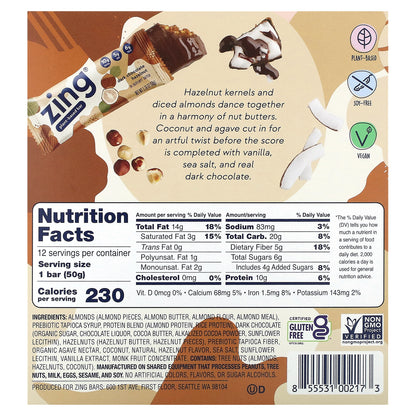 Zing Bars, Plant-Based Bar, Dark Chocolate Hazelnut In Hazelnut Butter, 12 Bars, 1.76 oz (50 g) Each