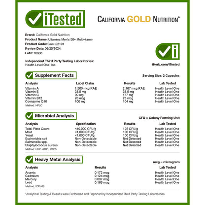 California Gold Nutrition, Ultamins Men's 50+ Multivitamin with CoQ10, Mushrooms, Enzymes, Veggies & Berries, 60 Veggie Capsules