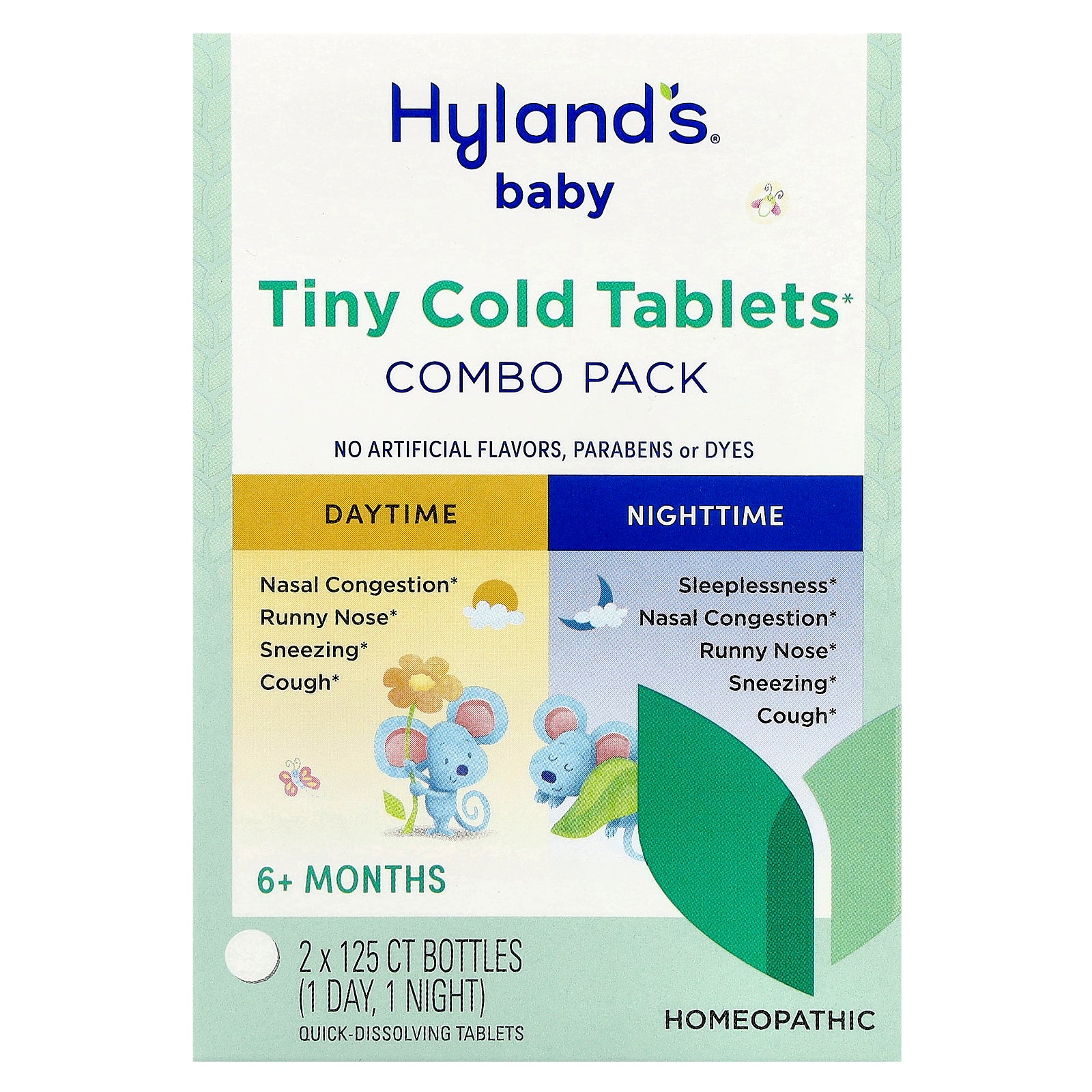 Hyland's Naturals, Baby, Tiny Cold Tablets Combo Pack, Daytime/Nighttime, 6+ Months, 2 Bottles, 125 Quick-Dissolving Tablets Each