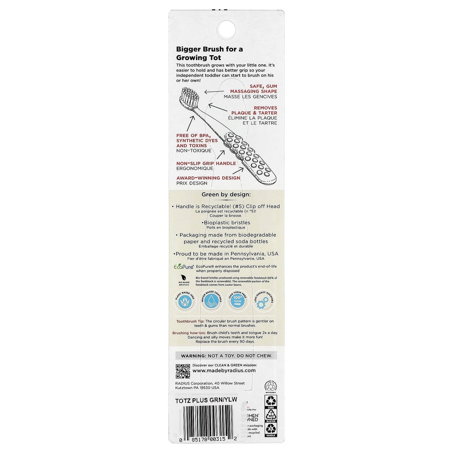 RADIUS, Totz Plus™ Brush, 3 Years +, Extra Soft, Green/Yellow, 1 Toothbrush