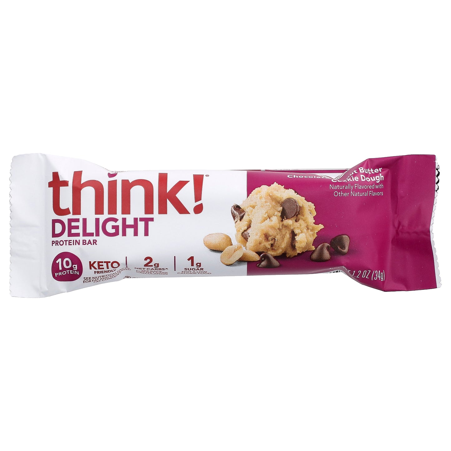 Think !, Delight Protein Bar, Chocolate Peanut Butter Cookie Dough, 5 Bars, 1.2 oz (34 g) Each