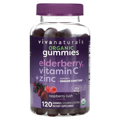 Viva Naturals, Organic Elderberry, Vitamin C + Zinc, Raspberry Rush, 120 Gummies