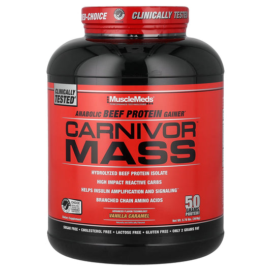 MuscleMeds, Carnivor™ Mass, Anabolic Beef Protein Gainer, Vanilla Caramel, 5.78 lbs (2,618 g)