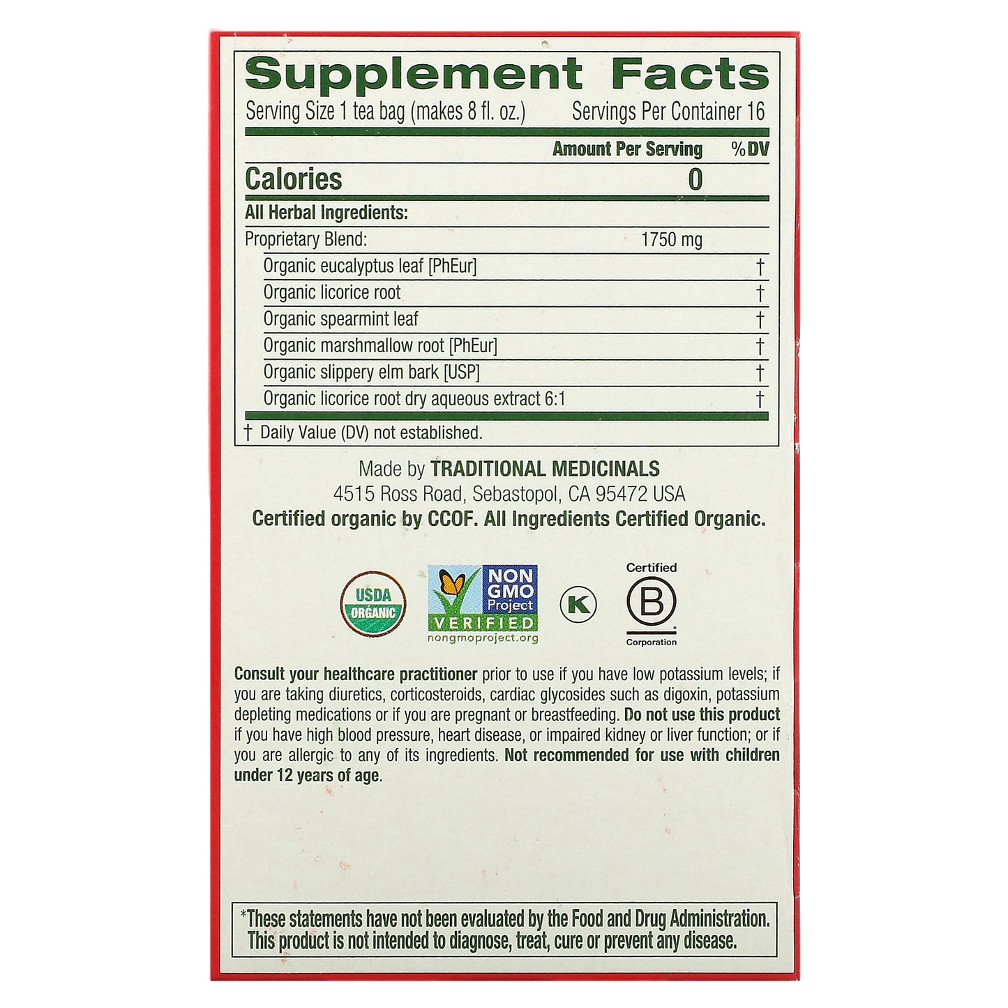 Traditional Medicinals, Organic Throat Coat®, Eucalyptus, Caffeine Free, 16 Wrapped Tea Bags, 0.99 oz (28 g)