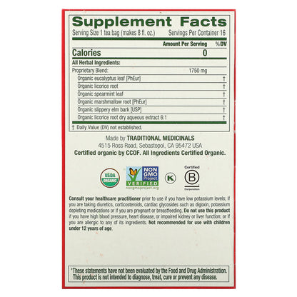 Traditional Medicinals, Organic Throat Coat®, Eucalyptus, Caffeine Free, 16 Wrapped Tea Bags, 0.99 oz (28 g)