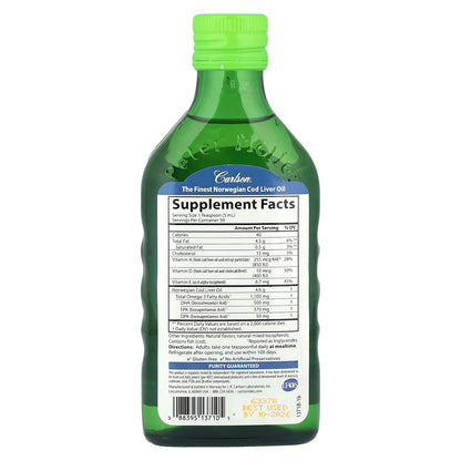 Carlson, Cod Liver Oil, Natural Green Apple , 1,100 mg, 8.4 fl oz (250 ml)