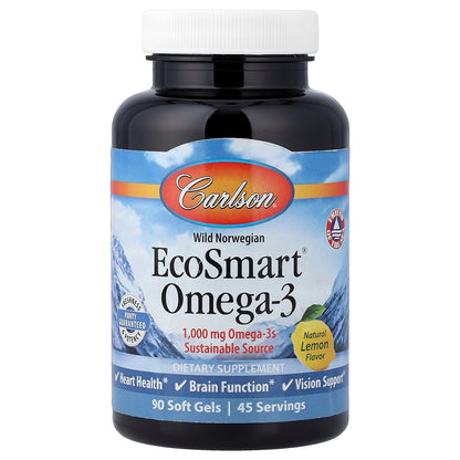 Carlson, Wild Norwegian EcoSmart Omega-3, Natural Lemon, 90 Soft Gels