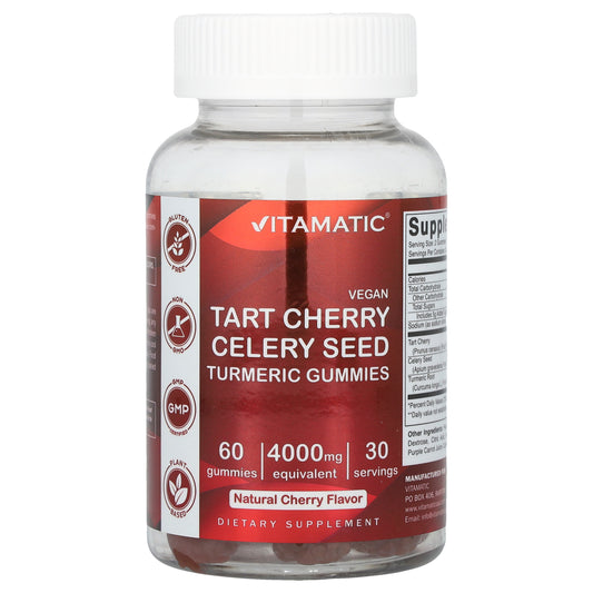 Vitamatic, Vegan, Tart Cherry Celery Seed Turmeric Gummies, Natural Cherry, 4,000 mg, 60 Gummies (2,000 mg per Gummy)