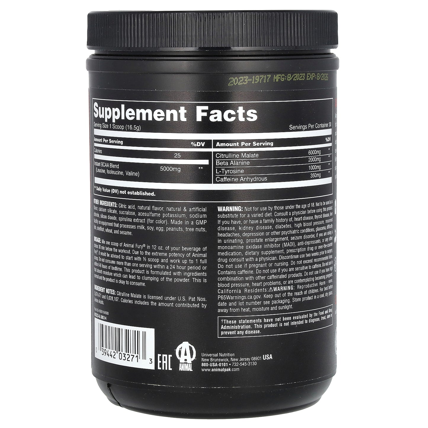 Animal, Fury® Essentials, Pre Workout, Blue Raspberry, 1.09 lb (495 g)