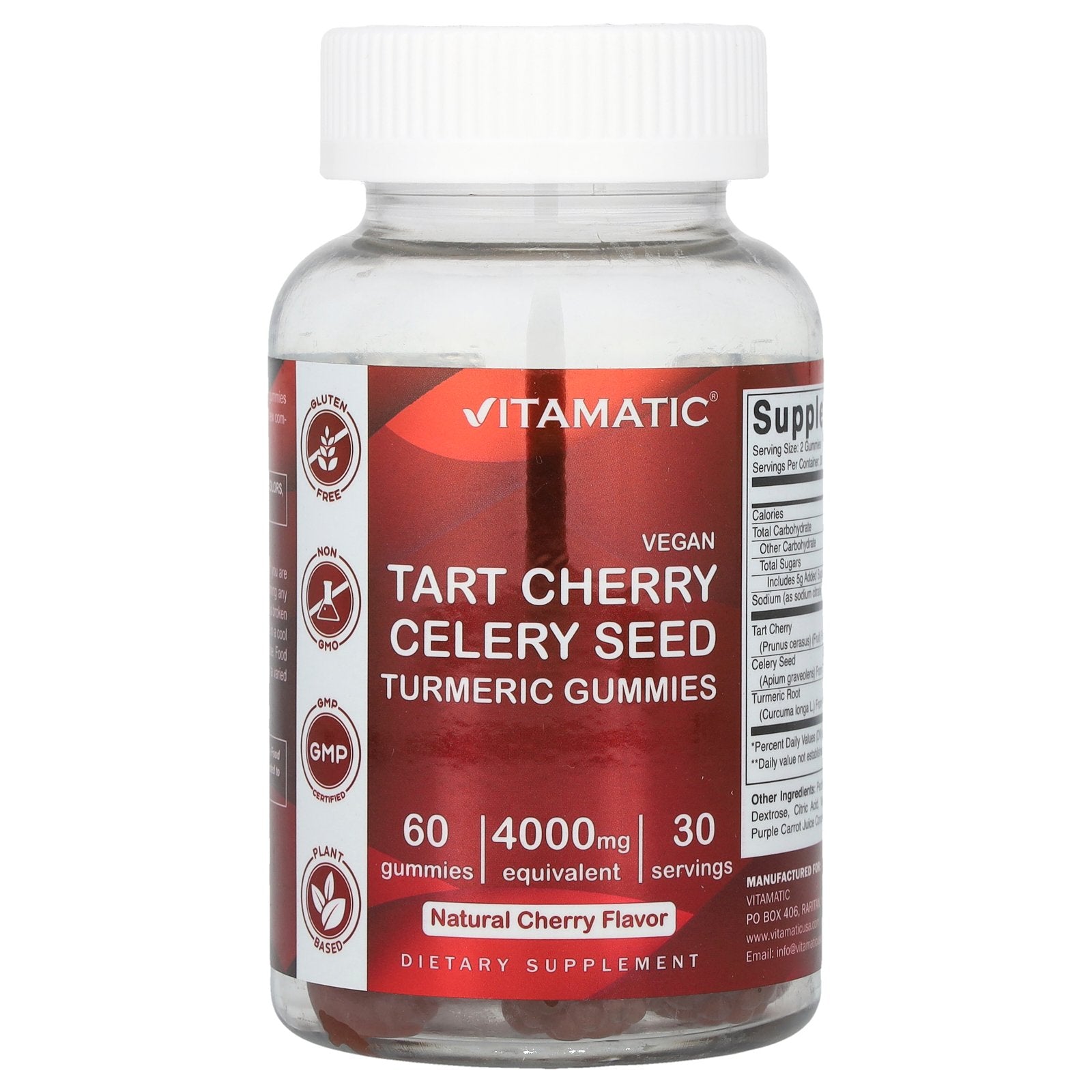 Vitamatic, Vegan, Tart Cherry Celery Seed Turmeric Gummies, Natural Cherry, 60 Gummies