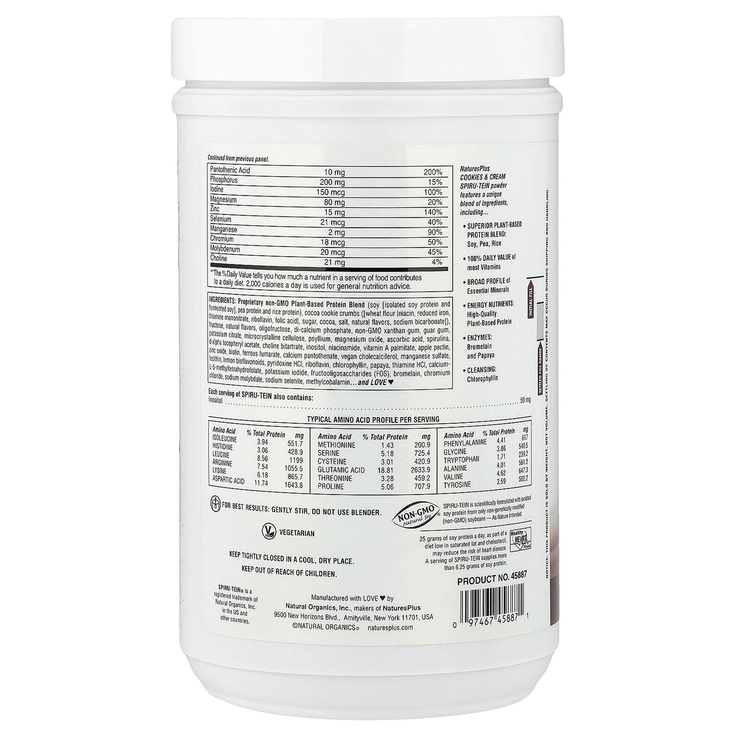 NaturesPlus, Spiru-Tein®, Protein Powder Meal, Cookies & Cream, 1.15 lbs (525 g)