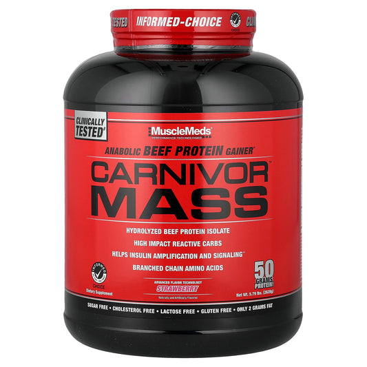 MuscleMeds, Carnivor™ Mass, Anabolic Beef Protein Gainer, Strawberry, 5.79 lbs (2,628 g)
