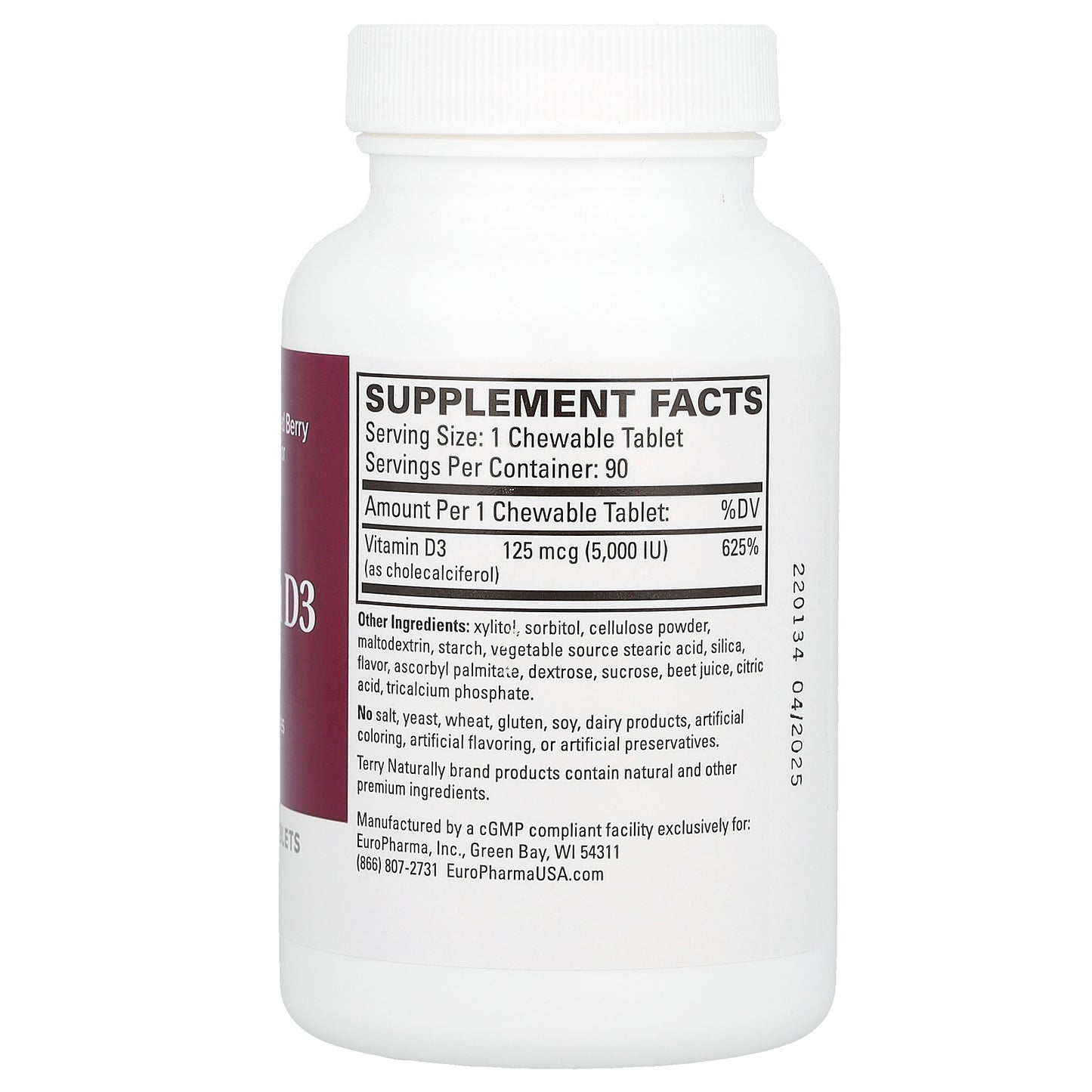 Terry Naturally, Vitamin D3, Mixed Berry, 5,000 IU, 90 Chewable Tablets