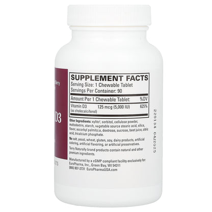 Terry Naturally, Vitamin D3, Mixed Berry, 5,000 IU, 90 Chewable Tablets