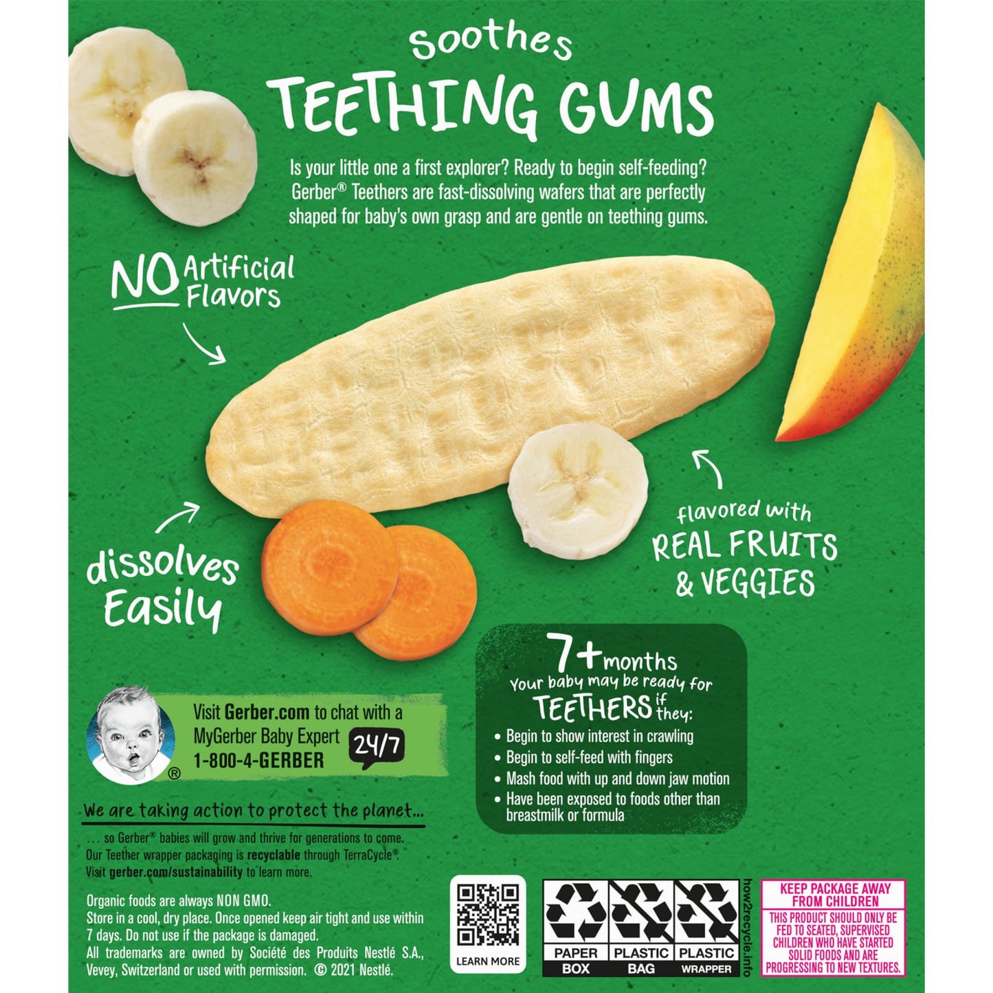 Gerber, Organic for Baby, Gentle Teething Wafers, 7+ Months, Mango Banana Carrot, 12 Individually Wrapped 2-Packs, 2 Wafers Each