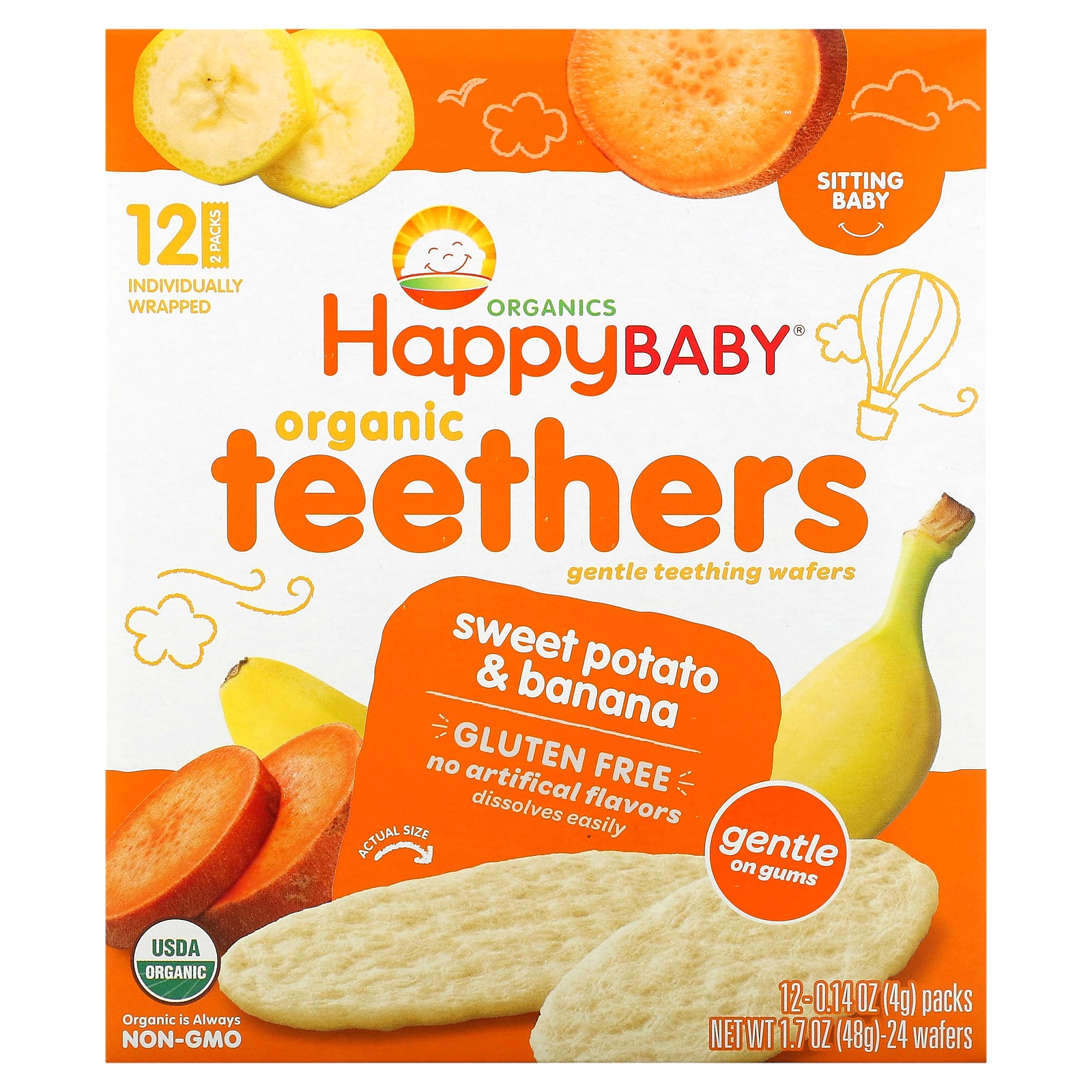 Happy Family Organics, Happy Baby, Organic Teethers, Gentle Teething Wafers, Sweet Potato & Banana, 12 Packs, 0.14 oz (4 g) Each