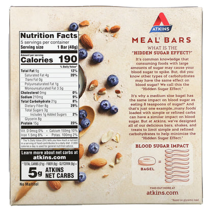 Atkins, Greek Yogurt Bar, Blueberry, 5 Bars, 1.69 oz (48 g) Each