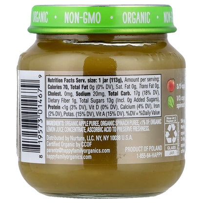 Happy Family Organics, Happy Baby®, Apples & Spinach, 6+ Months, 4 oz (113 g)