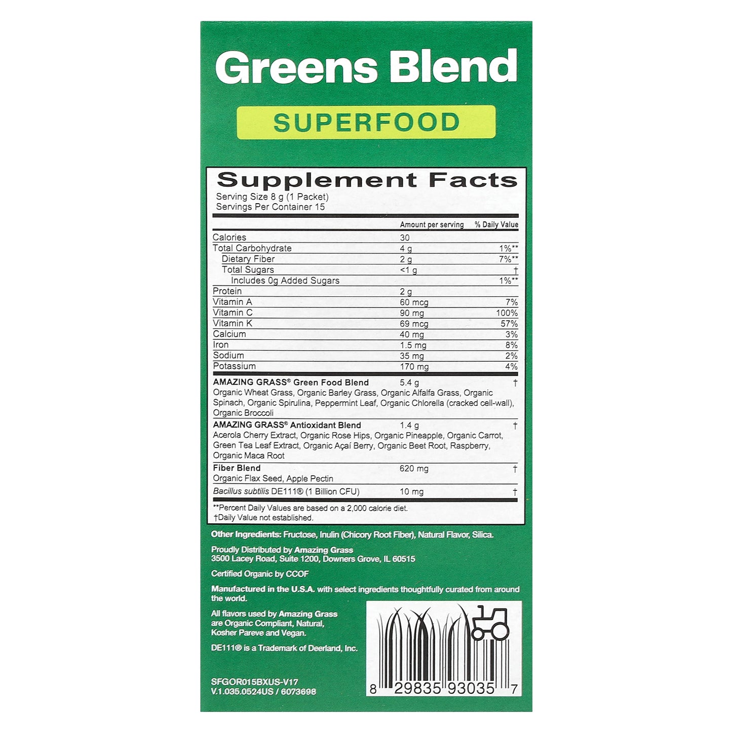 Amazing Grass, Greens Blend Superfood, 15 Individual Packets, 0.28 oz (8 g) Each