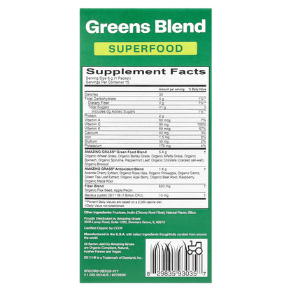 Amazing Grass, Greens Blend Superfood, 15 Individual Packets, 0.28 oz (8 g) Each