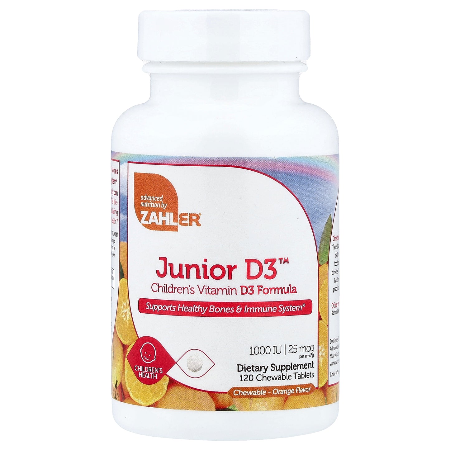 Zahler, Junior D3™, Children's Vitamin D3 Formula, Orange, 25 mcg (1,000 IU), 120 Chewable Tablets