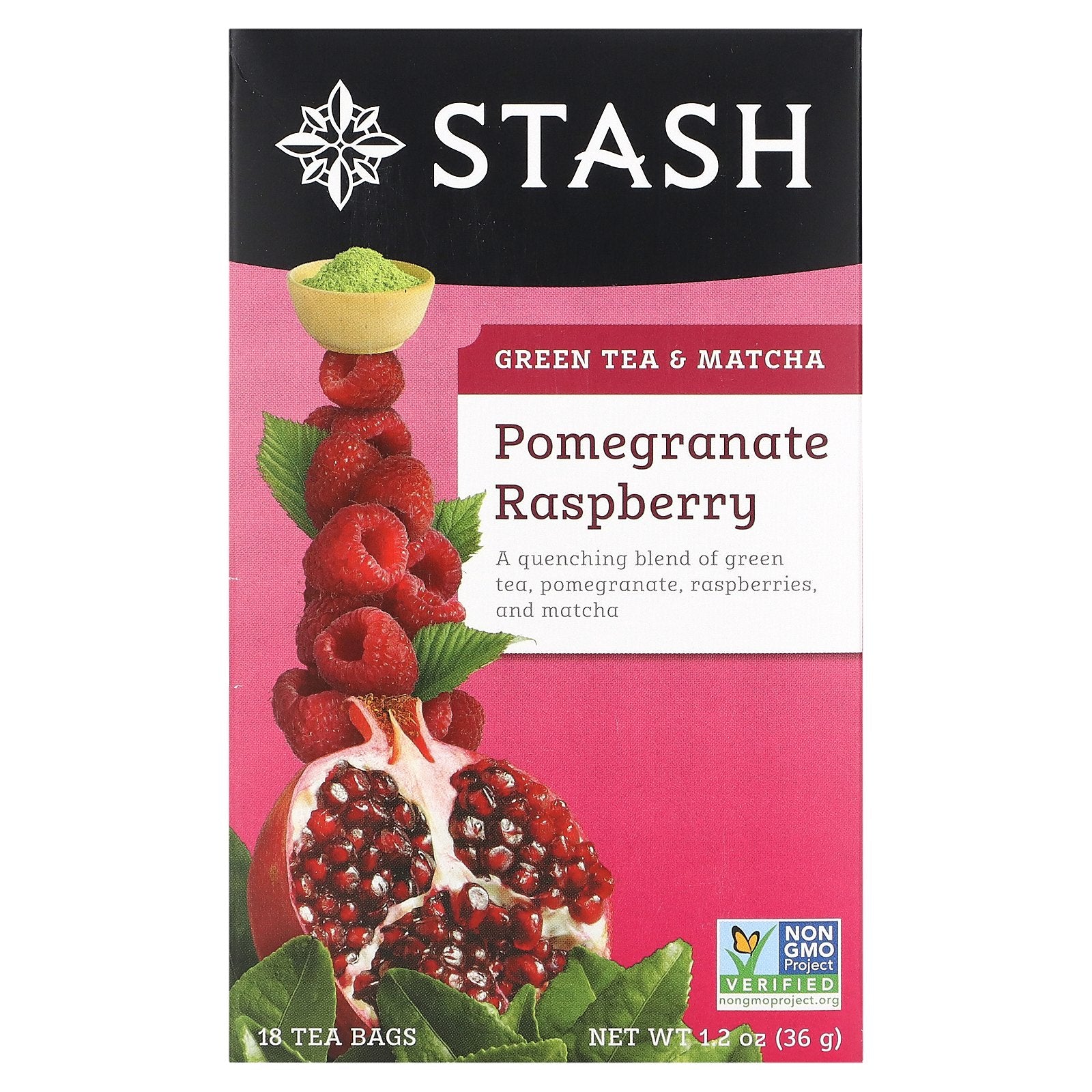 Stash Tea, Green Tea & Matcha, Pomegranate Raspberry, 18 Tea Bags, 1.2 oz (36 g)