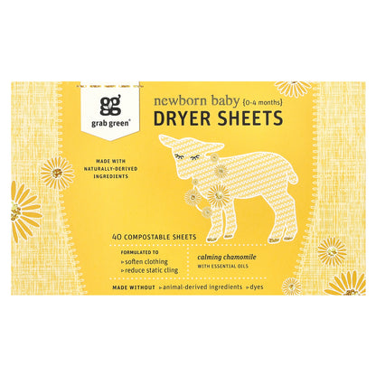 Grab Green, Newborn Baby Dryer Sheets, 0-4 Months, 40 Compostable Sheets