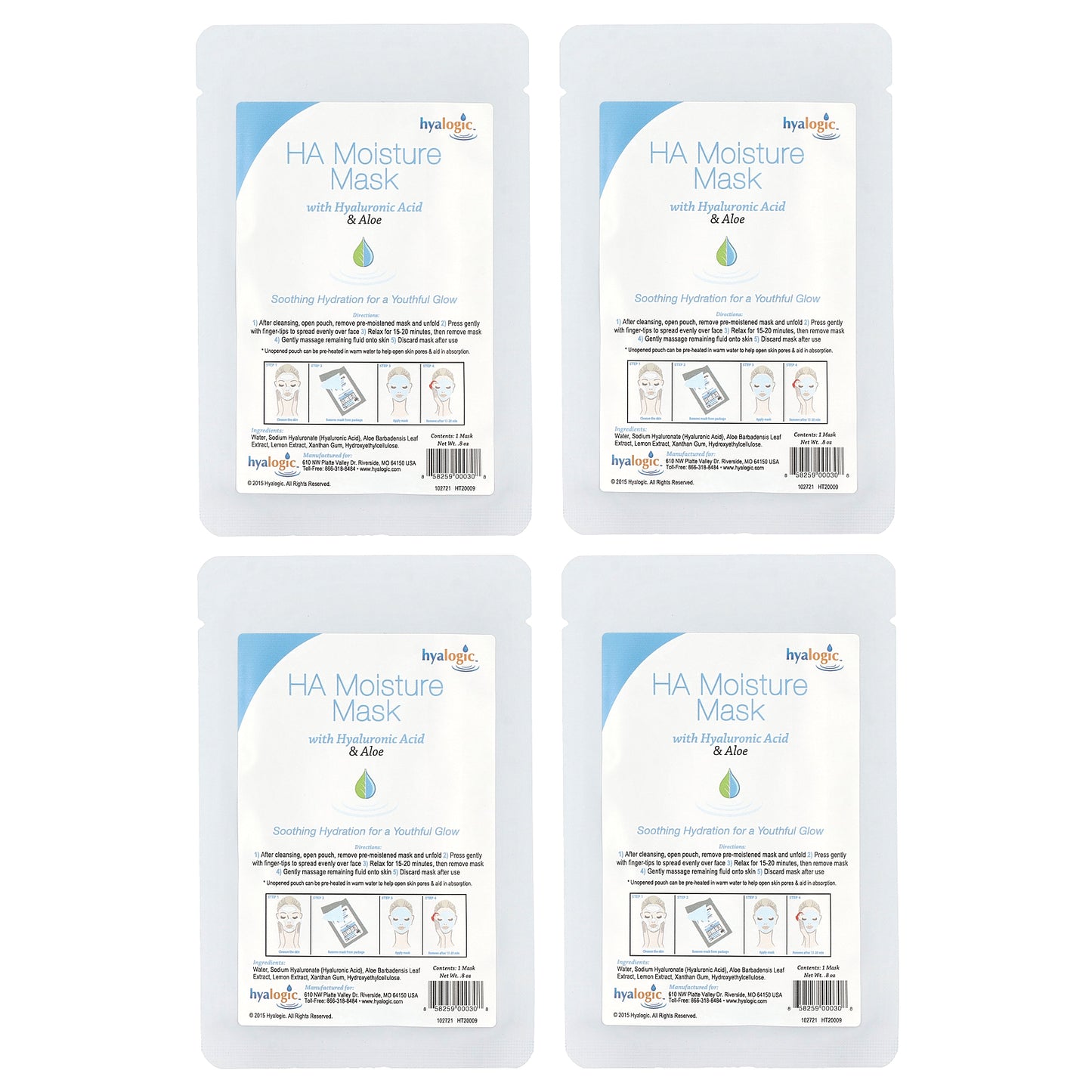 Hyalogic, HA Moisture Beauty Mask with Hyaluronic Acid & Aloe, Fragrance Free, 4 Masks, 0.8 oz Each