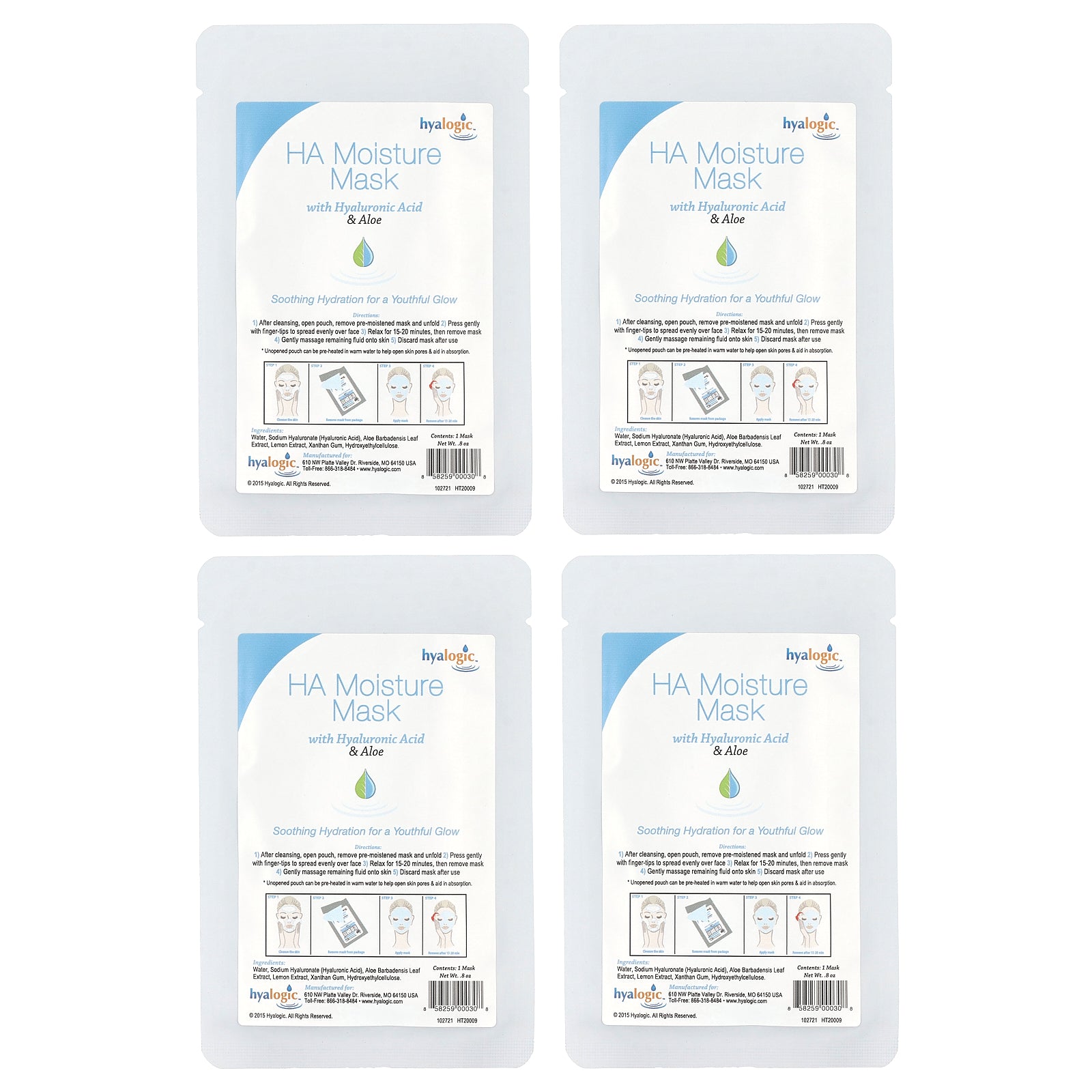 Hyalogic, HA Moisture Beauty Mask with Hyaluronic Acid & Aloe, Fragrance Free, 4 Masks, 0.8 oz Each