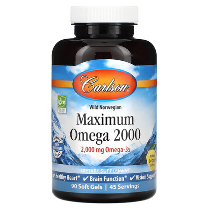 Carlson, Wild Norwegian, Maximum Omega 2000, Natural Lemon, 2,000 mg, 90 Soft Gels (1,000 mg per Soft Gel)