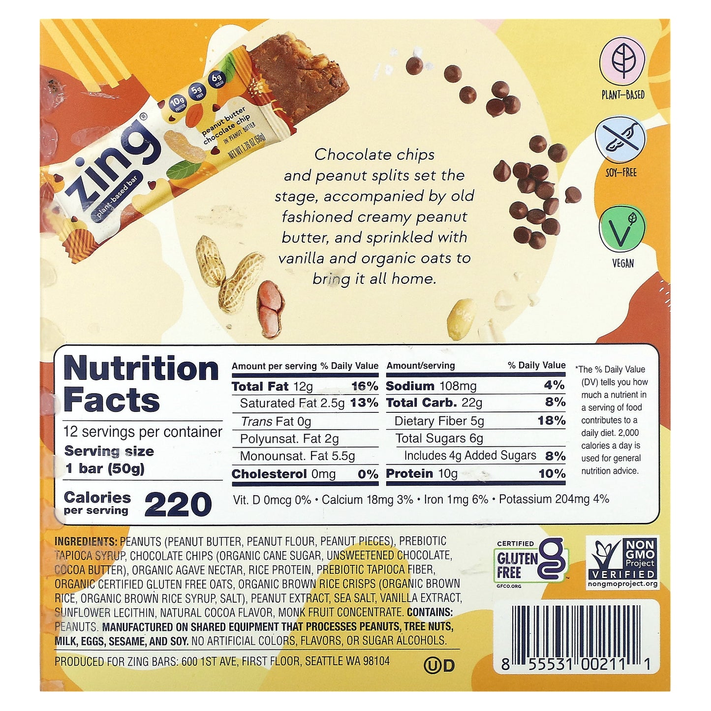 Zing Bars, Plant-Based Bar, Peanut Butter Chocolate Chip In Peanut Butter, 12 Bars, 1.76 oz (50 g) Each