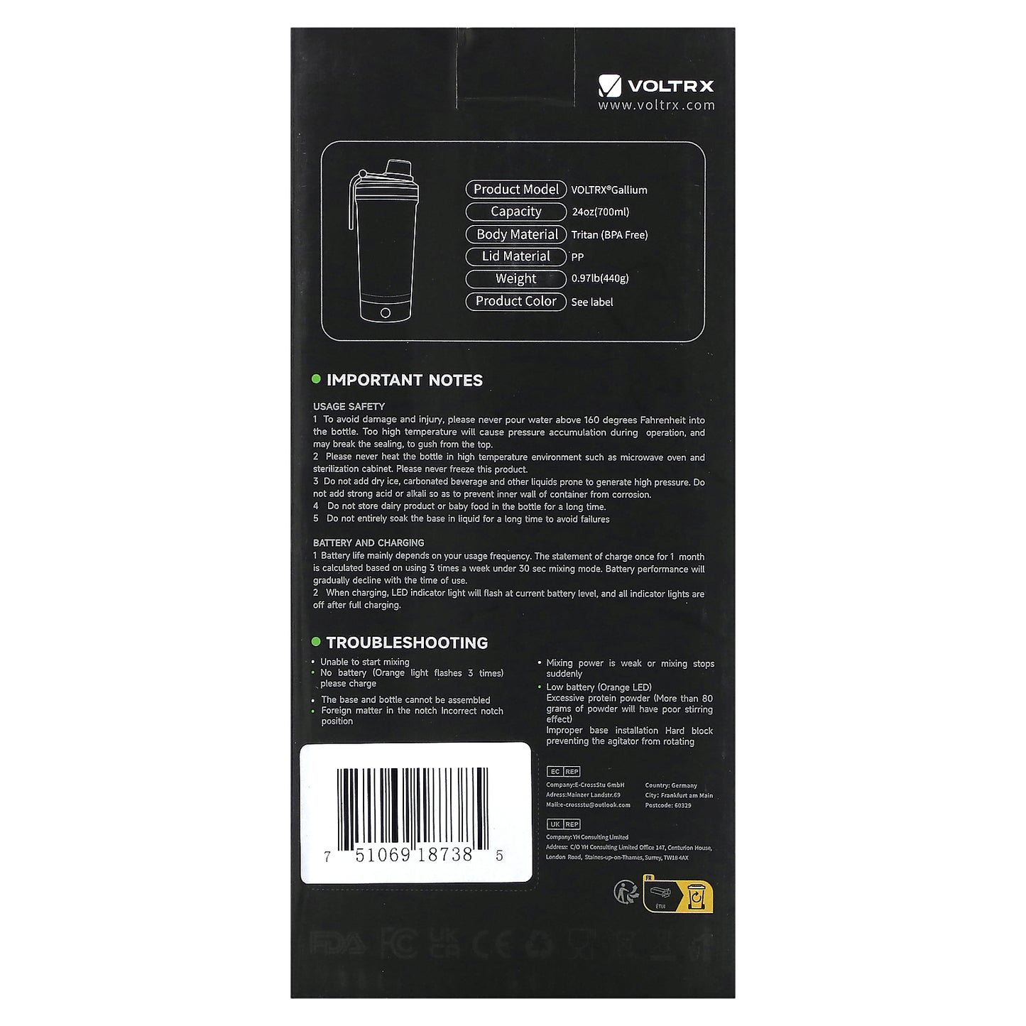 Voltrx, Gallium, Electric Shaker Bottle, Avocado Green, 24 oz (700 ml)