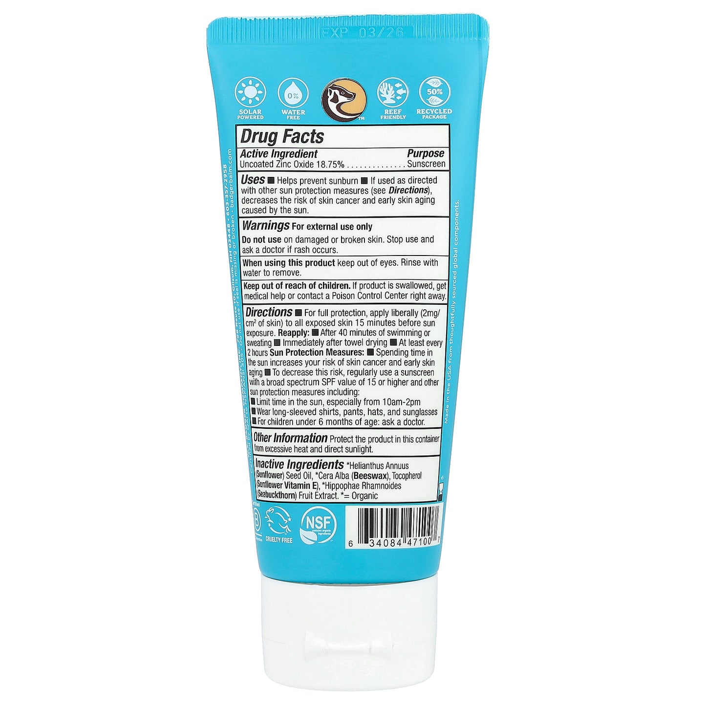 Badger, Active, Mineral Sunscreen Cream, SPF 30, Unscented, 2.9 fl oz (87 ml)