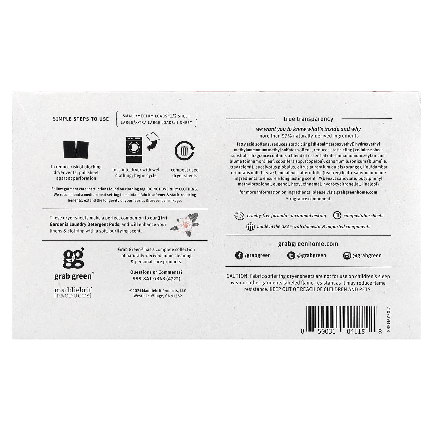 Grab Green, Dryer Sheets, Gardenia, 80 Compostable Sheets