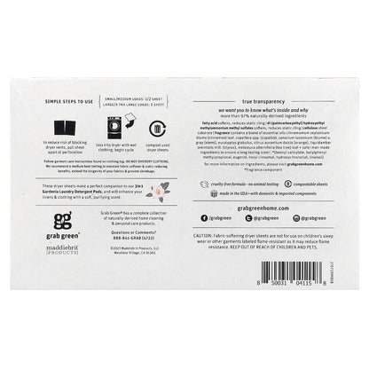 Grab Green, Dryer Sheets, Gardenia, 80 Compostable Sheets