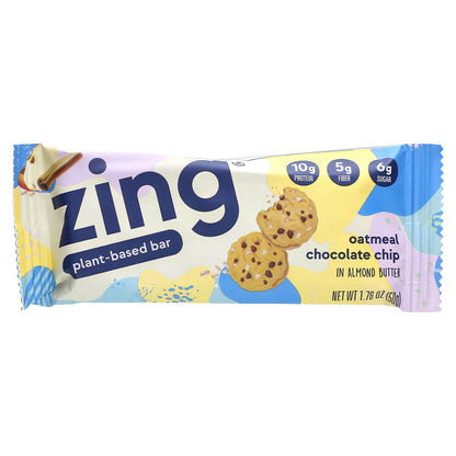 Zing Bars, Plant-Based Bar, Oatmeal Chocolate Chip In Almond Butter, 12 Bars, 1.76 oz (50 g) Each