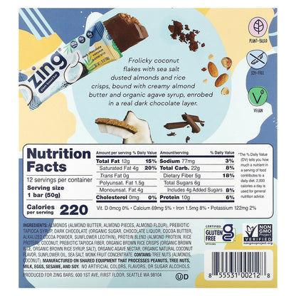 Zing Bars, Plant-Based Bar, Dark Chocolate Coconut In Almond Butter, 12 Bars, 1.76 oz (50 g) Each