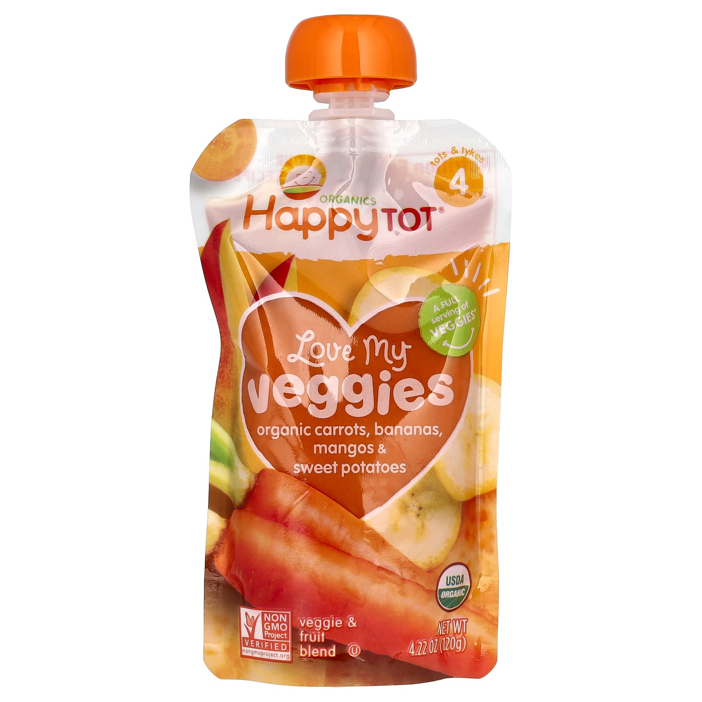 Happy Family Organics, Happy Tot®, Love My Veggies, Stage 4, Organic Carrots, Bananas, Mangos & Sweet Potatoes, 4 Pouches, 4.22 oz (120 g) Each