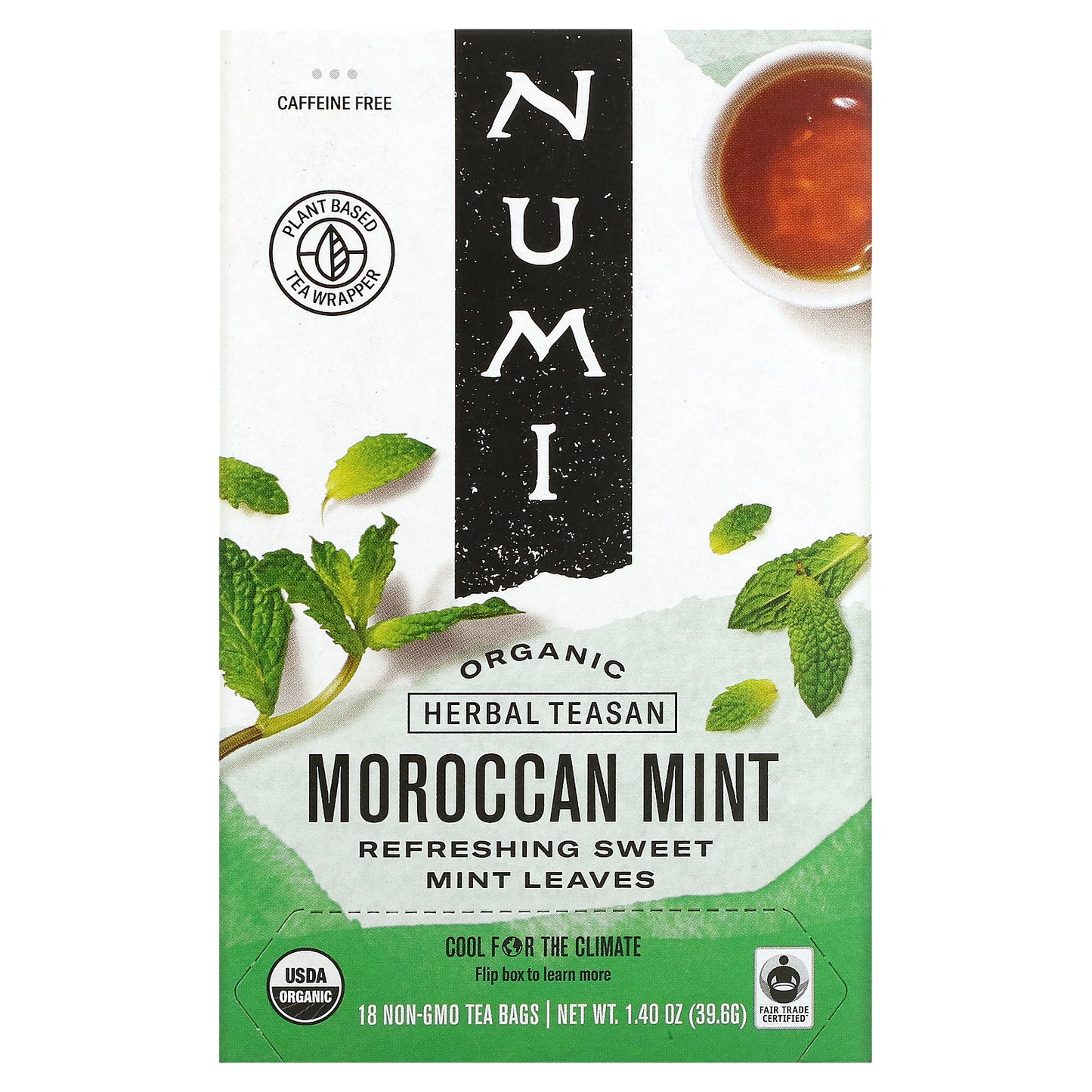 Numi Tea, Organic Herbal Teasan, Moroccan Mint, Caffeine Free, 18 Tea Bags, 1.40 oz (39.6 g)