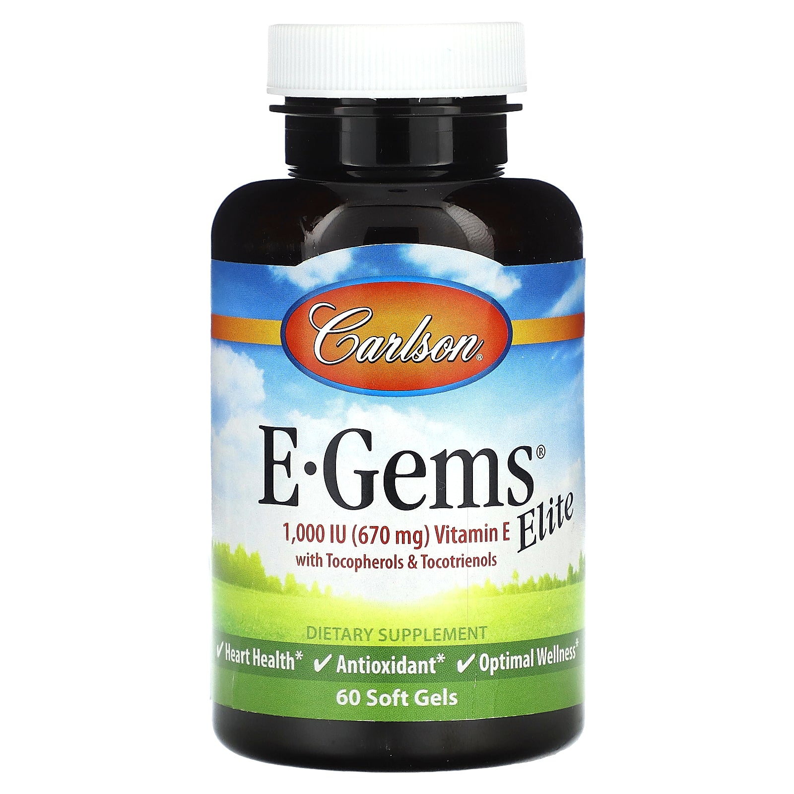 Carlson, E-Gems Elite, Vitamin E with Tocopherols & Tocotrienols, 670 mg (1,000 IU), 60 Soft Gels