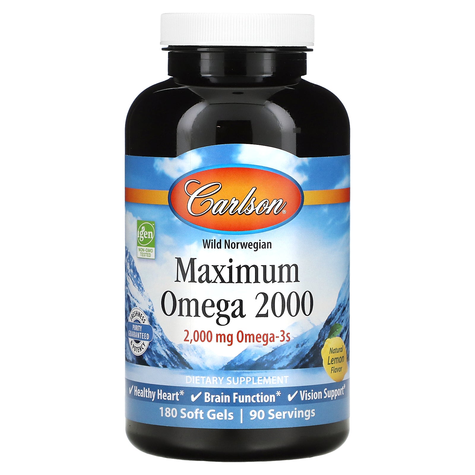 Carlson, Wild Norwegian, Maximum Omega 2000, Natural Lemon, 2,000 mg, 180 Soft Gels (1,000 mg per Soft Gel)