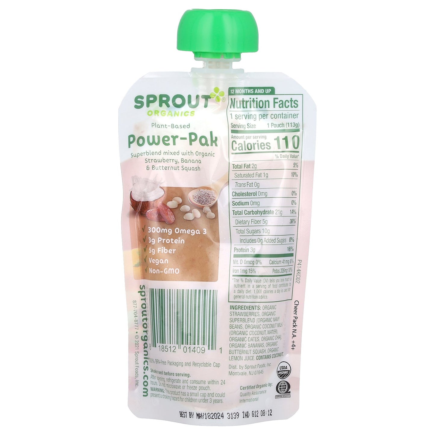 Sprout Organics, Plant-Based Power Pak, 12+ Months, Organic Strawberry, Banana & Butternut Squash, 4 oz (113 g)