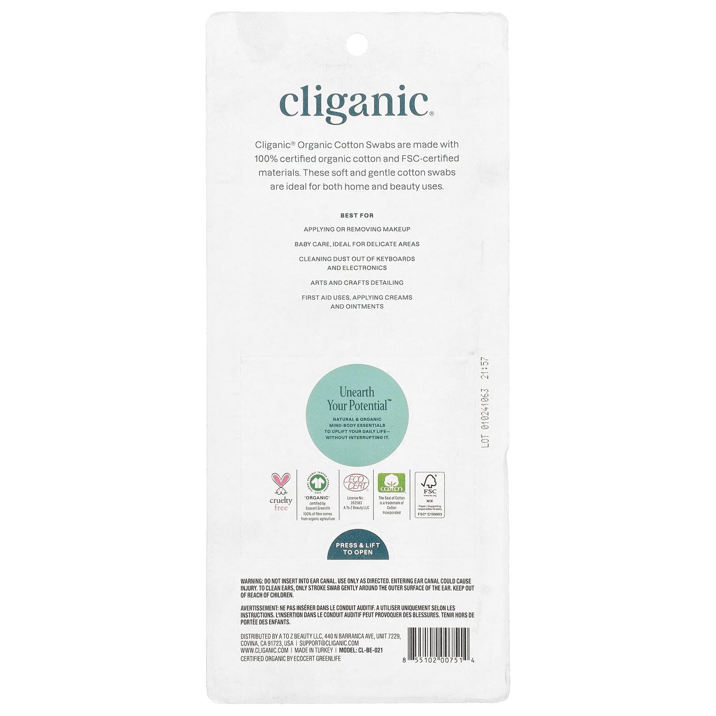 Cliganic, Organic Cotton Swabs, 500 Count