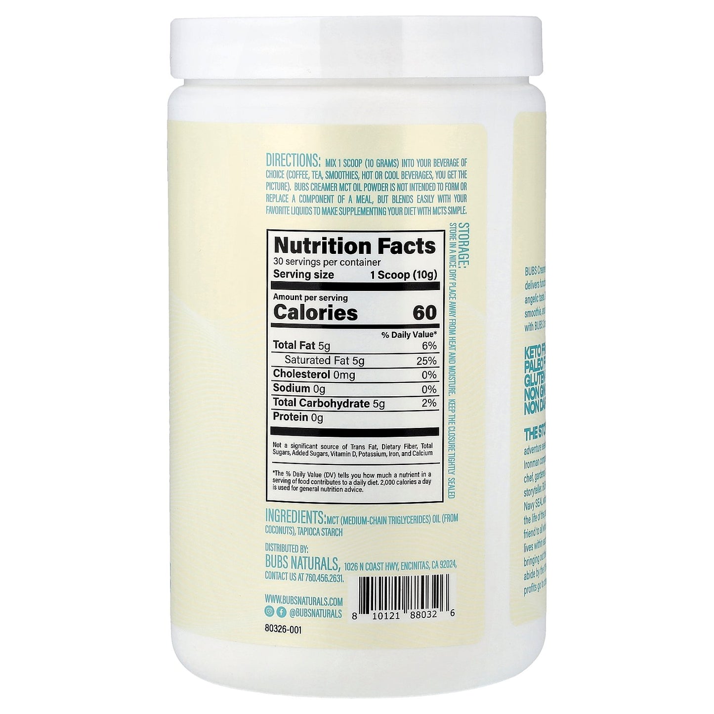 BUBS Naturals, Bubs Creamer, MCT Oil Powder, Unflavored, 10.6 oz (300 mg)